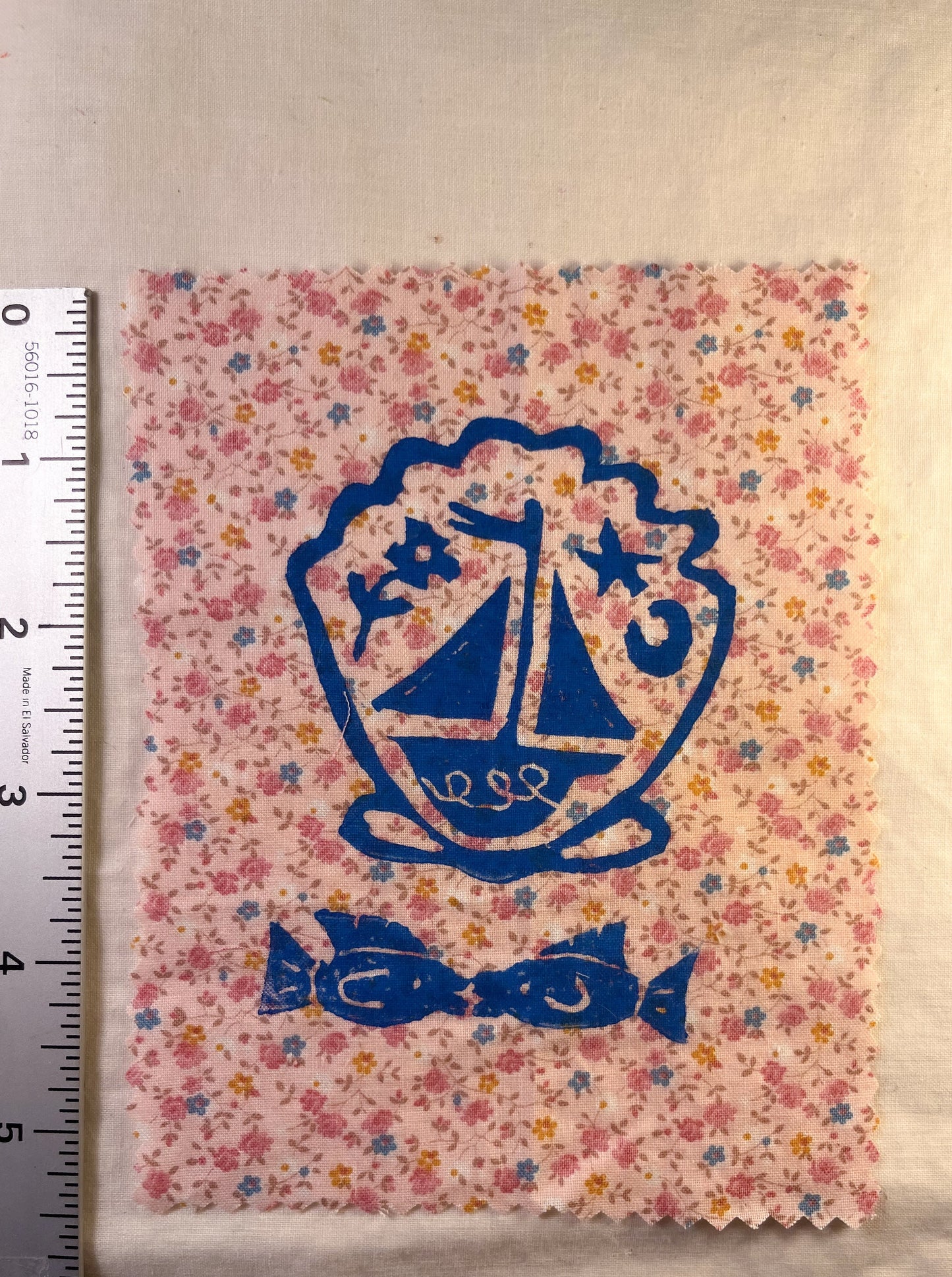 Fish Kiss + Shell Sail Boat ~ Lino Print Patch