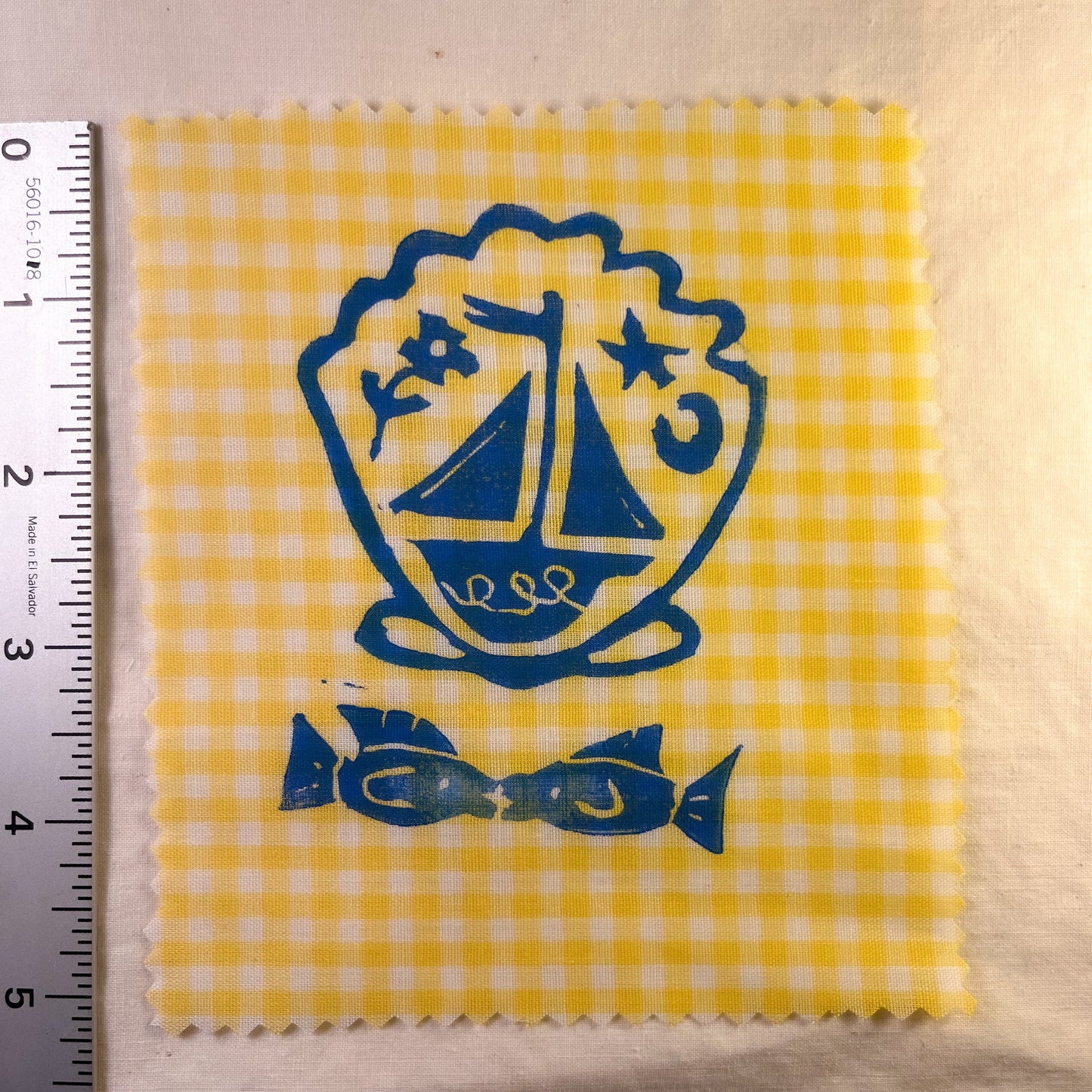 Fish Kiss + Shell Sail Boat ~ Lino Print Patch