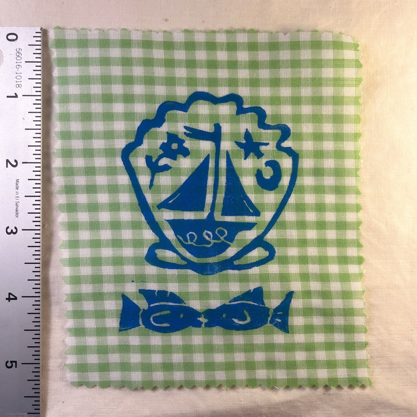 Fish Kiss + Shell Sail Boat ~ Lino Print Patch