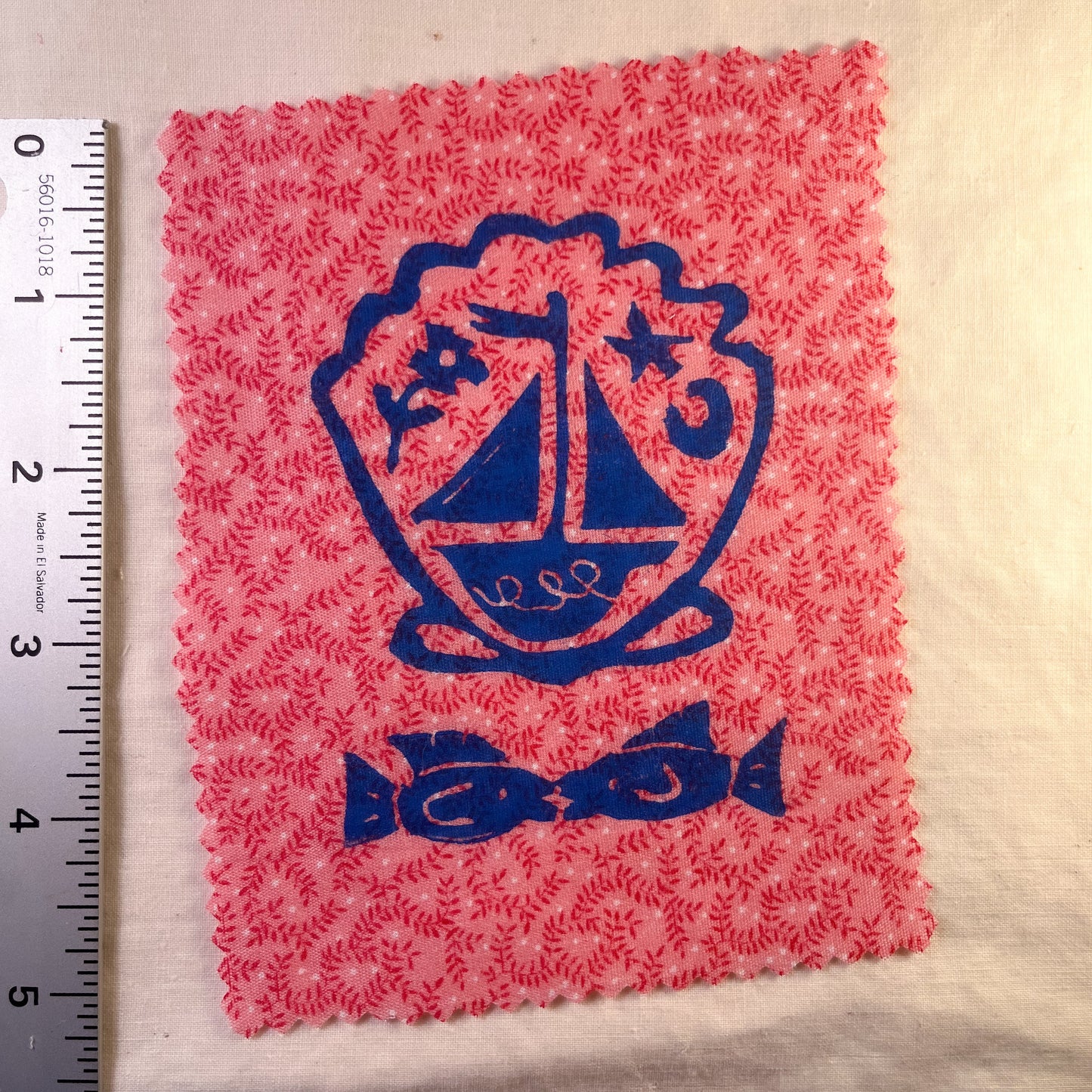 Fish Kiss + Shell Sail Boat ~ Lino Print Patch