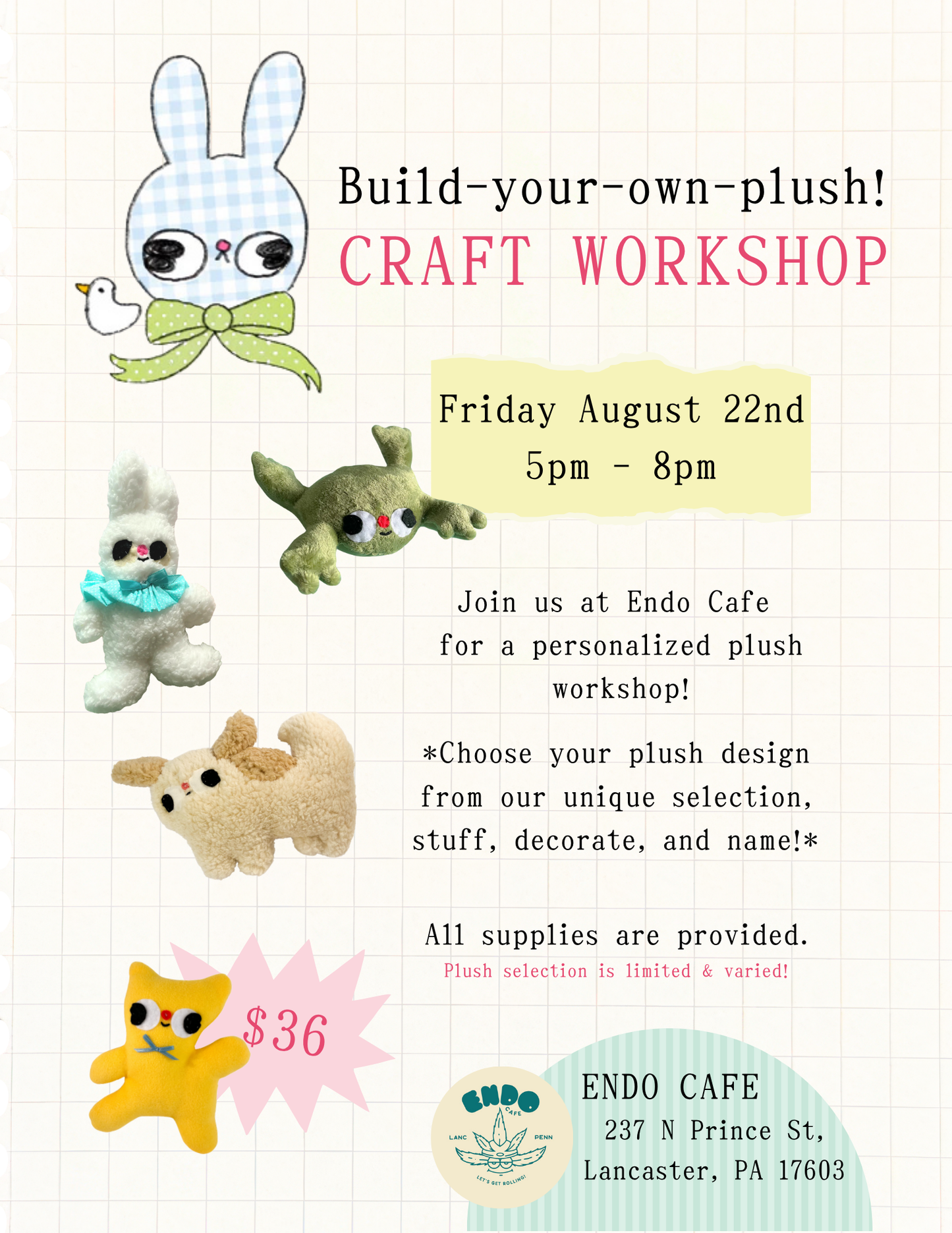 08/22 ~ IN-PERSON EVENT TICKET: ENDO CAFE *BUILD-YOUR-OWN-CLUNKY-PLUSH*