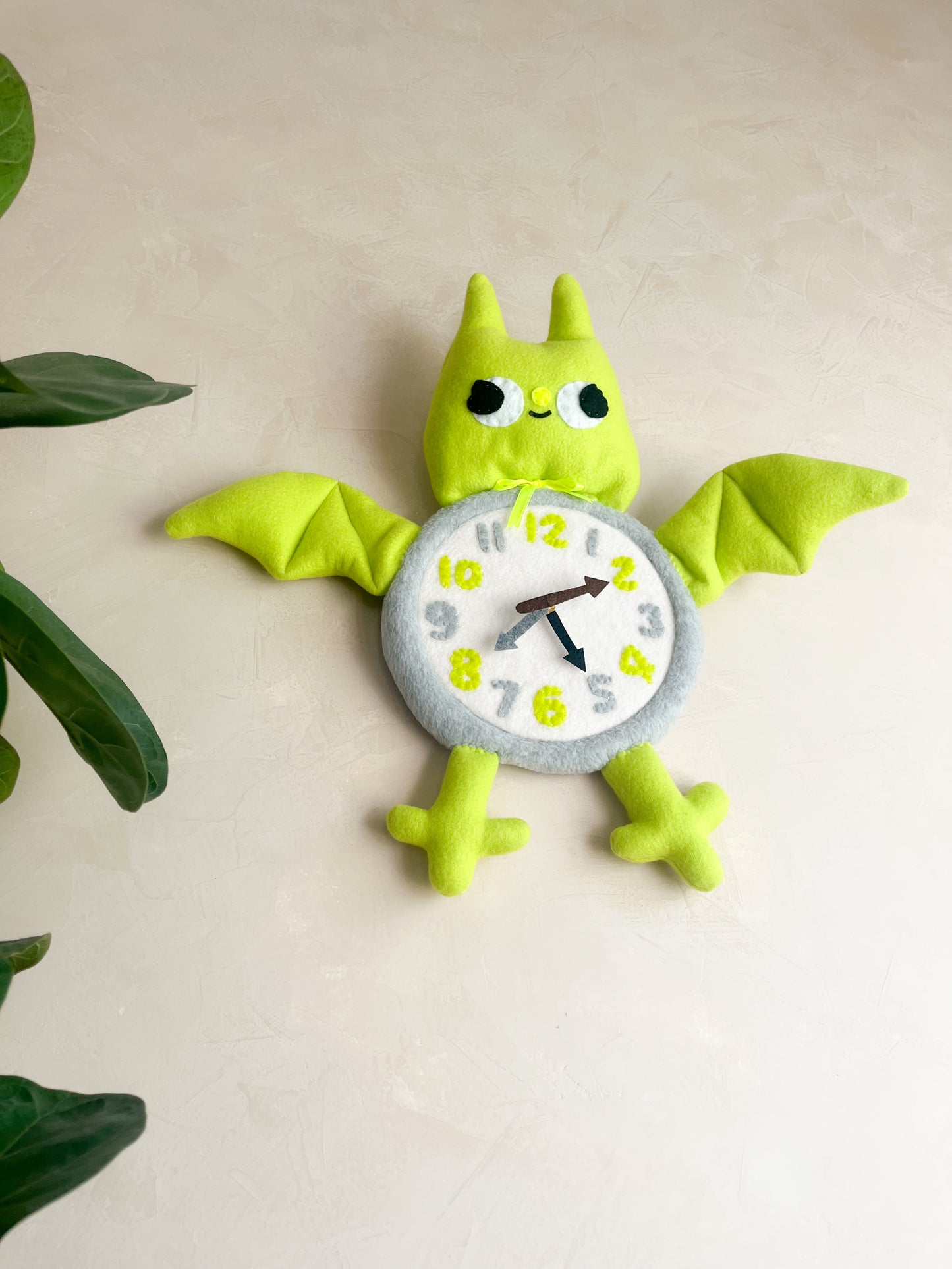 Chartreuse Bat Plushie Friend Functional Analog Clock - New Smaller Size