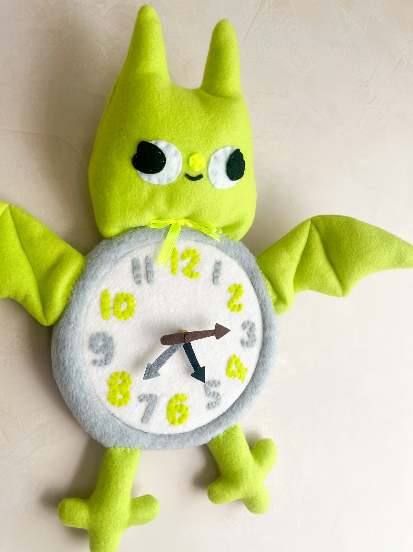 Chartreuse Bat Plushie Friend Functional Analog Clock - New Smaller Size