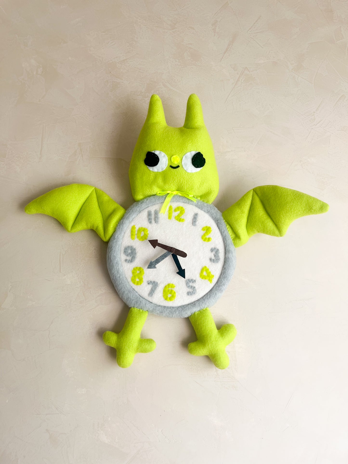 Chartreuse Bat Plushie Friend Functional Analog Clock - New Smaller Size
