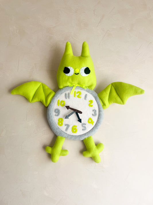 Chartreuse Bat Plushie Friend Functional Analog Clock - New Smaller Size