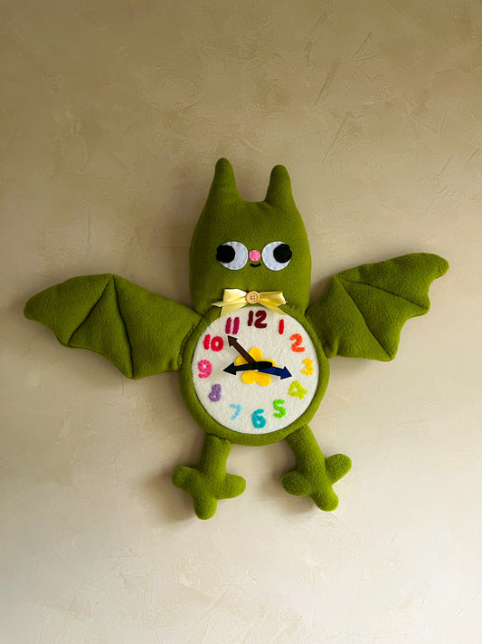 GREEN BAT! Plushie Friend Functional Analog Clock - New Smaller Size