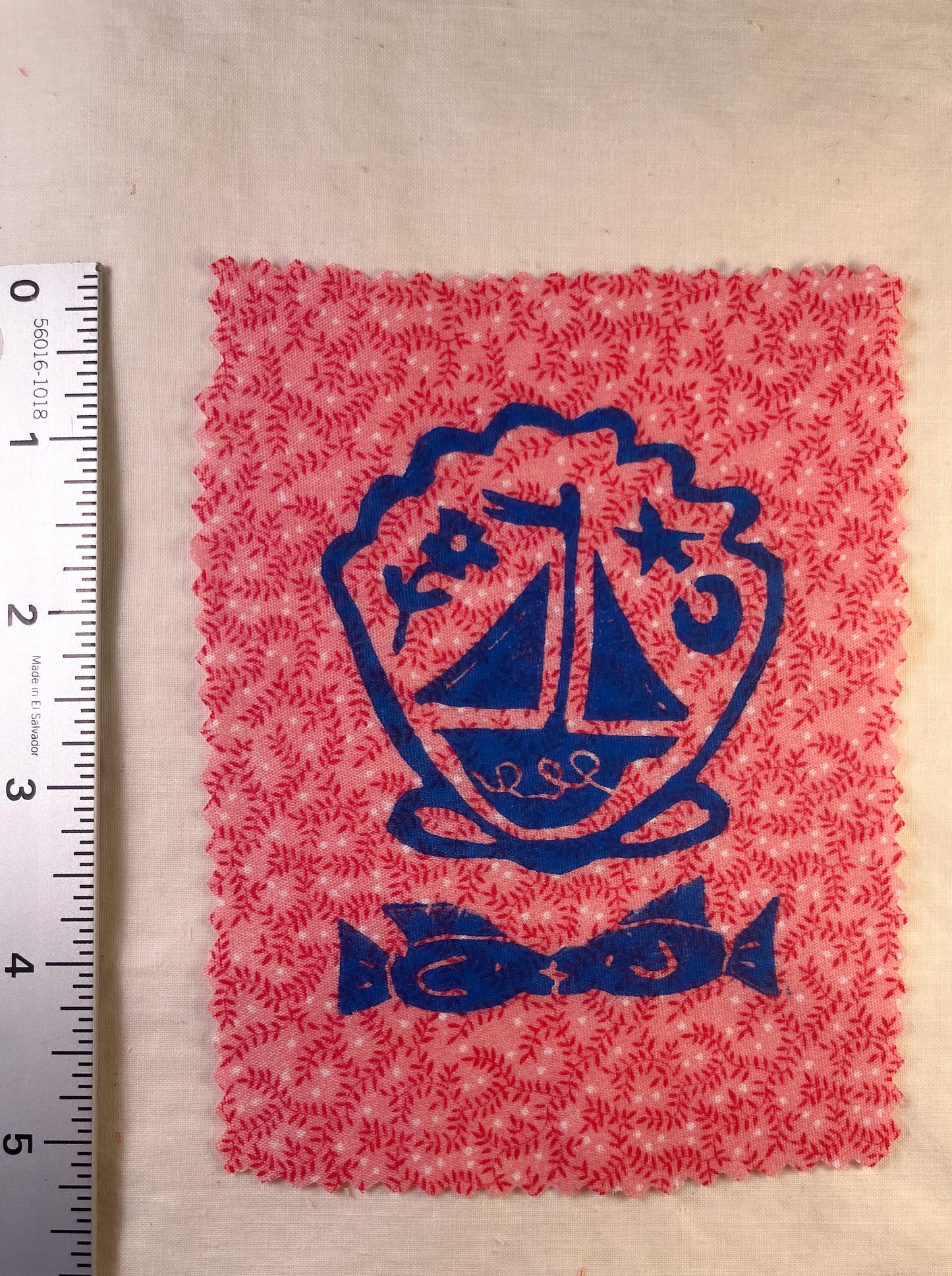 Fish Kiss + Shell Sail Boat ~ Lino Print Patch