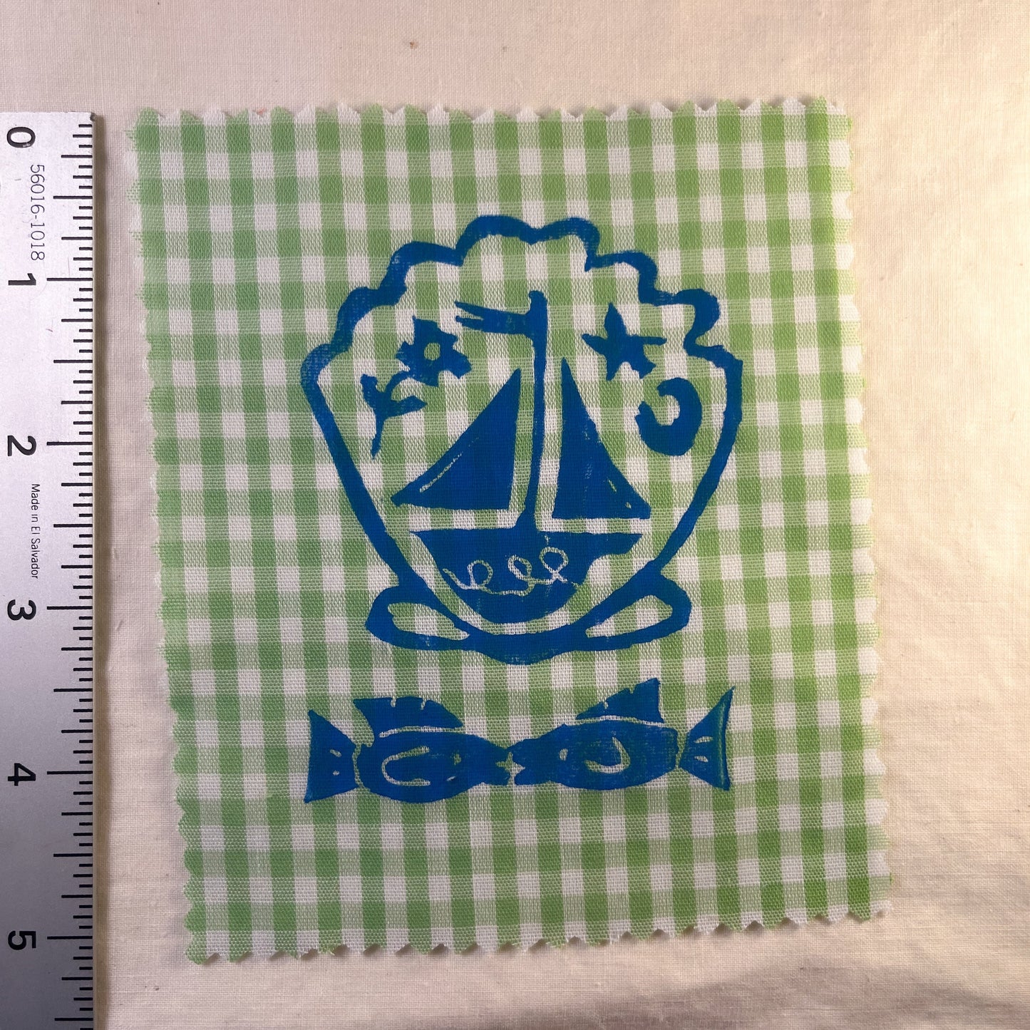 Fish Kiss + Shell Sail Boat ~ Lino Print Patch